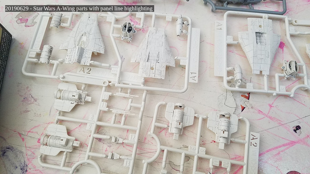 Star Wars A-Wing parts with panel line highlighting